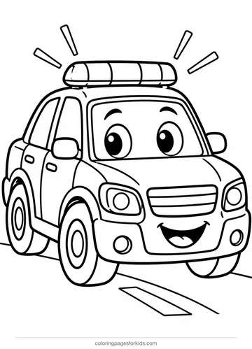 Car coloring page of a friendly police car with roof light bar, easy printable for ages 3-5