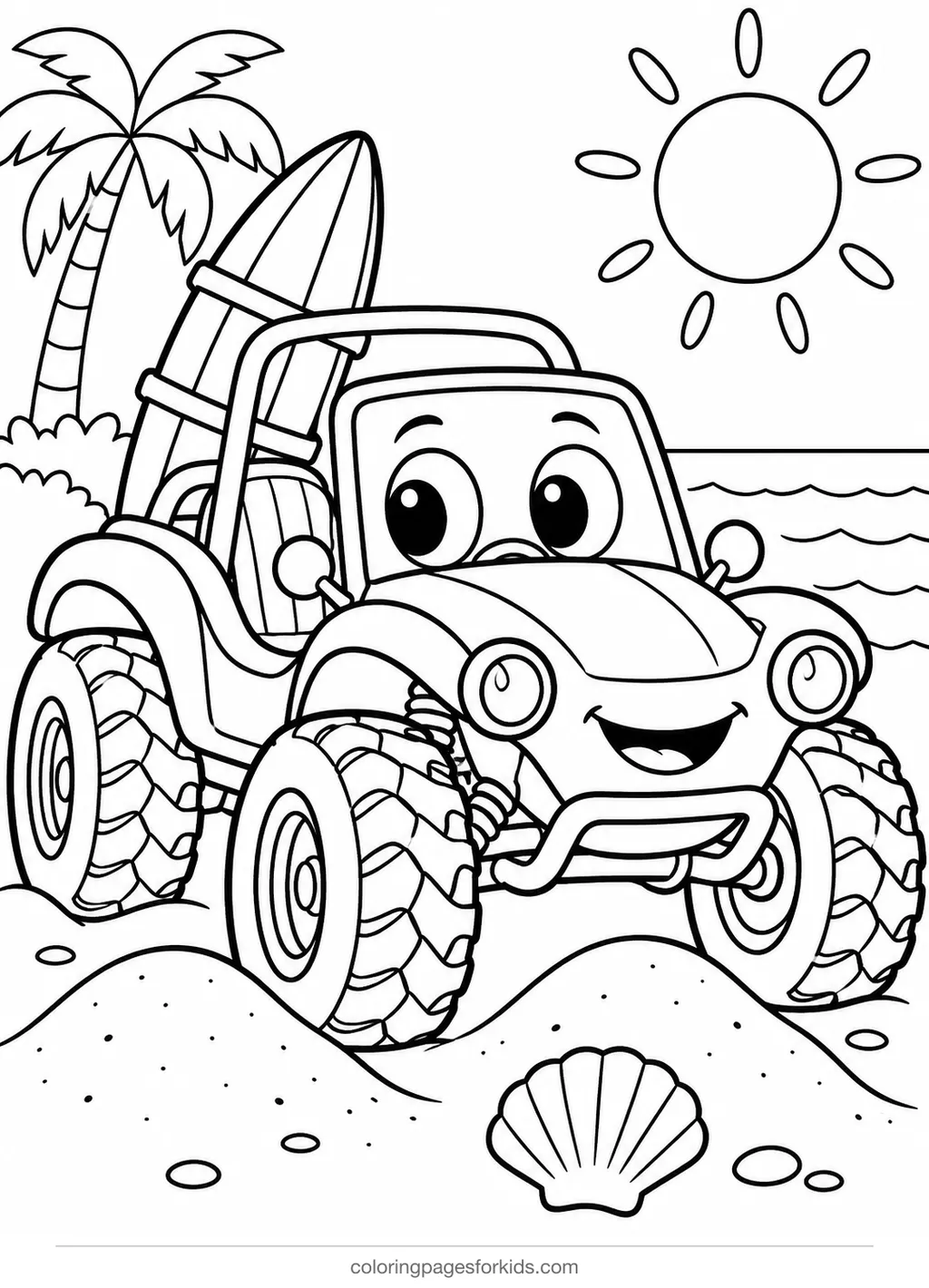 Car coloring page of a beach buggy with surfboard, easy black-and-white printable for ages 3-5