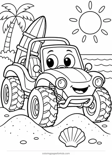 Car coloring page of a beach buggy with surfboard, easy black-and-white printable for ages 3-5