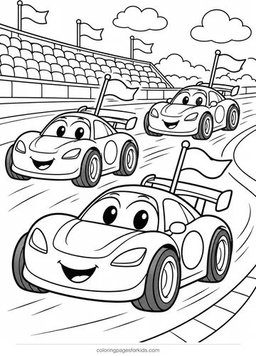 Car coloring page of three race cars on a track, medium black-and-white printable for ages 5-7