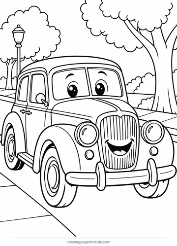 Car coloring page of a vintage classic car with round headlights, medium printable for ages 5-7