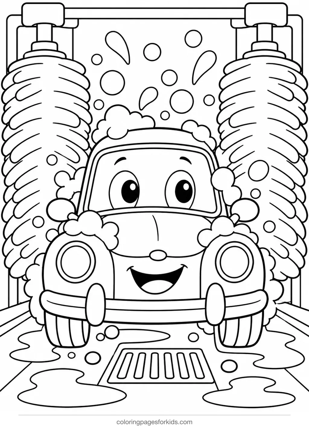Car coloring page of a smiling car in a car wash with bubbles, medium printable for ages 5-7