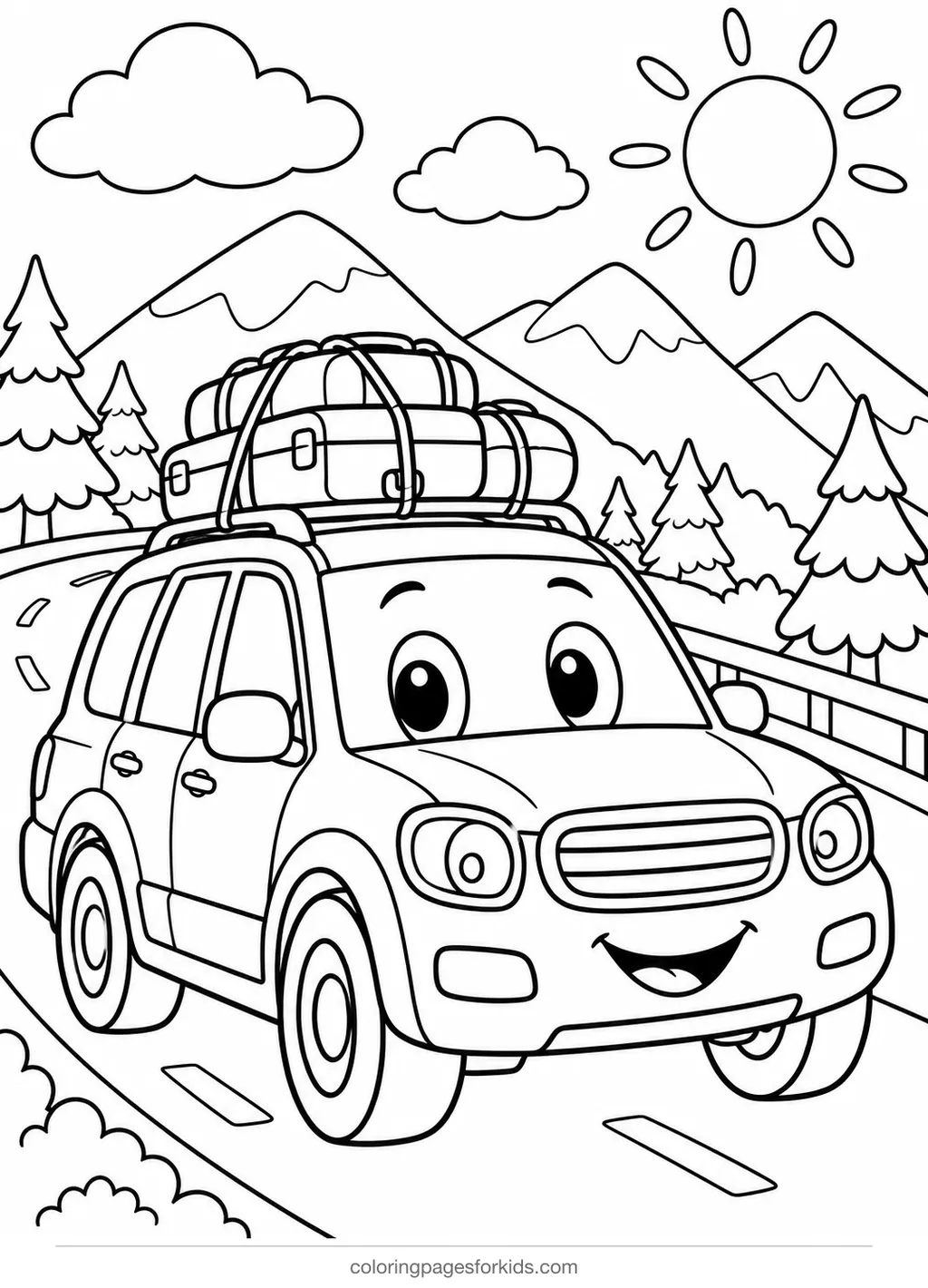 Car coloring page of a road trip car with luggage and mountains, medium printable for ages 5-7