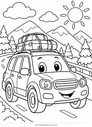 Car coloring page of a road trip car with luggage and mountains, medium printable for ages 5-7