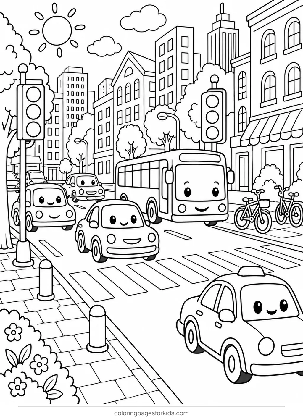 Car coloring page of busy city traffic at a crossing, detailed printable for ages 7-10