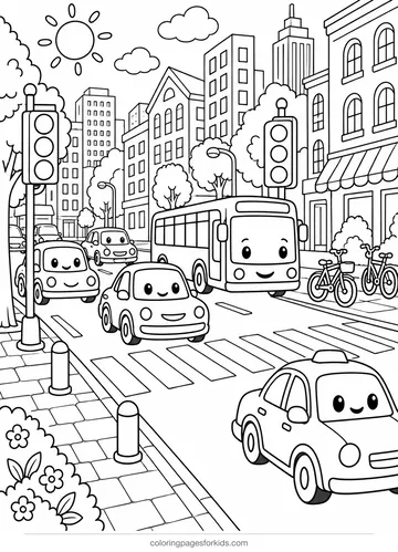 Car coloring page of busy city traffic at a crossing, detailed printable for ages 7-10