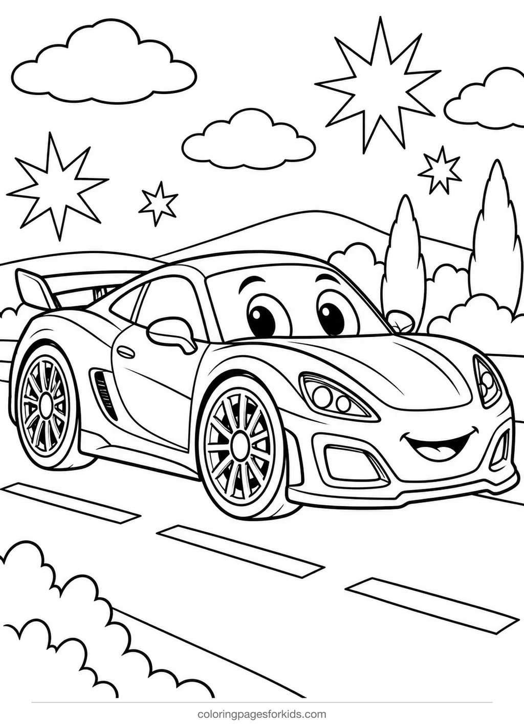 Car coloring page of a sports car side view, detailed printable for ages 7-10