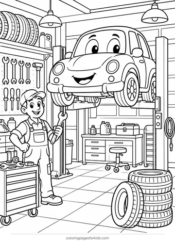 Car coloring page of a repair garage with car on lift and tools, detailed printable for ages 7-10