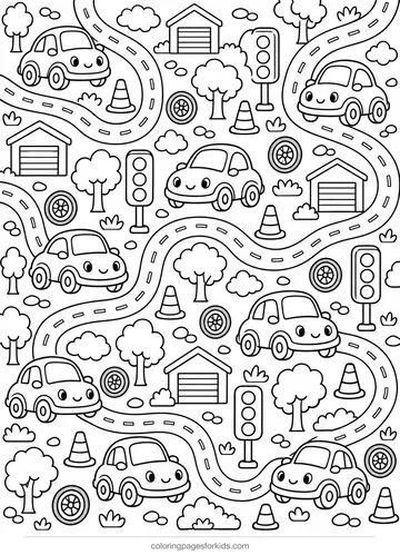 Car coloring page pattern with small cars, roads and cones, detailed printable for ages 7-10