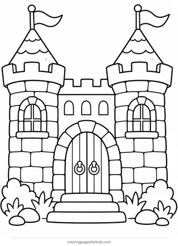 Castle coloring page of a small castle with two flags, easy black-and-white printable for ages 3-5