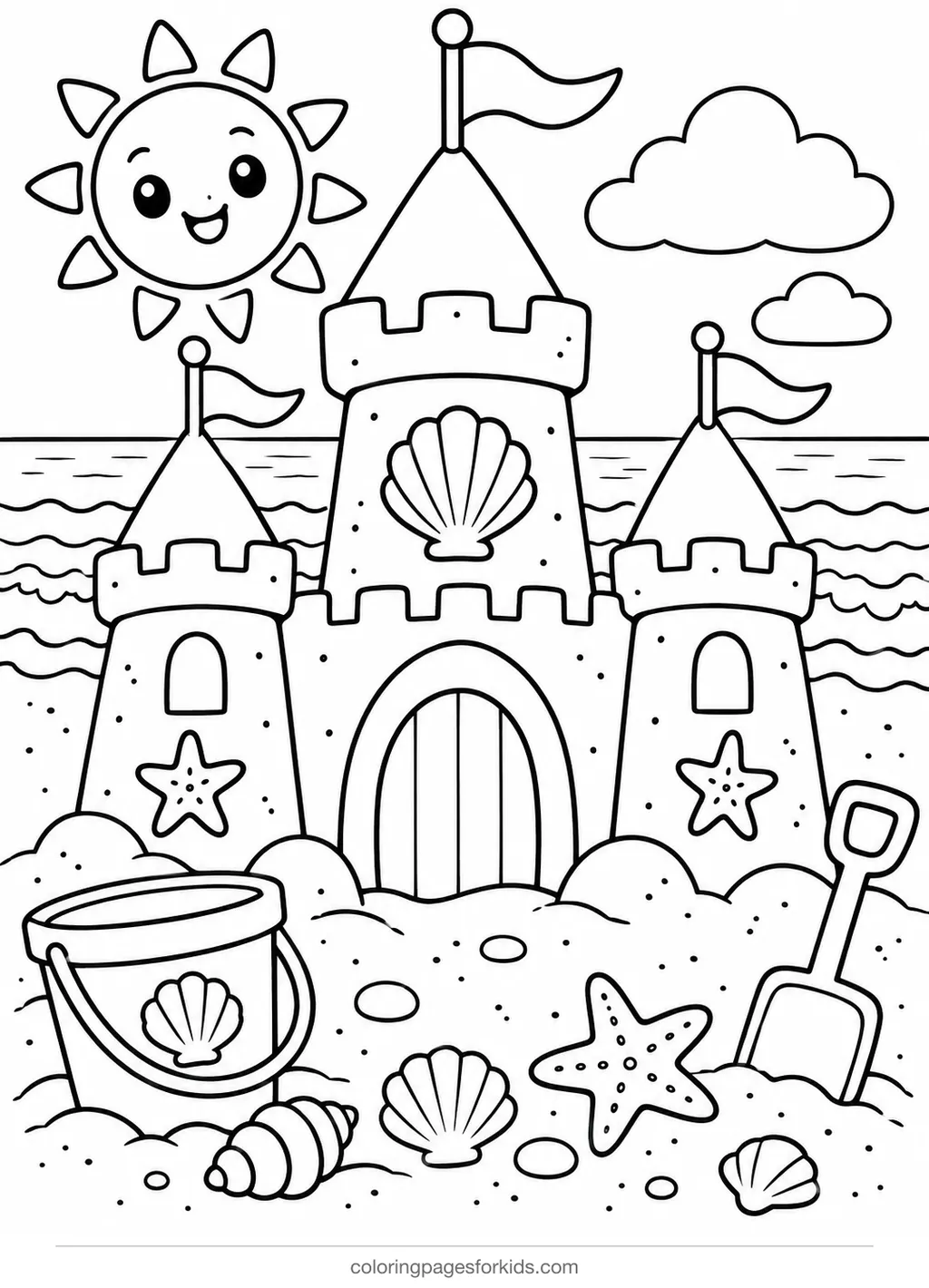 Castle coloring page of a sand castle with shells and a bucket, easy printable for ages 3-5