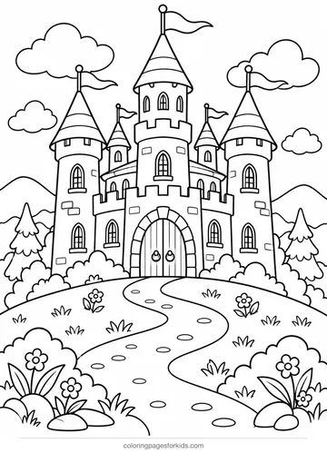 Castle coloring page of a fairy tale castle on a hill, medium printable for ages 5-7