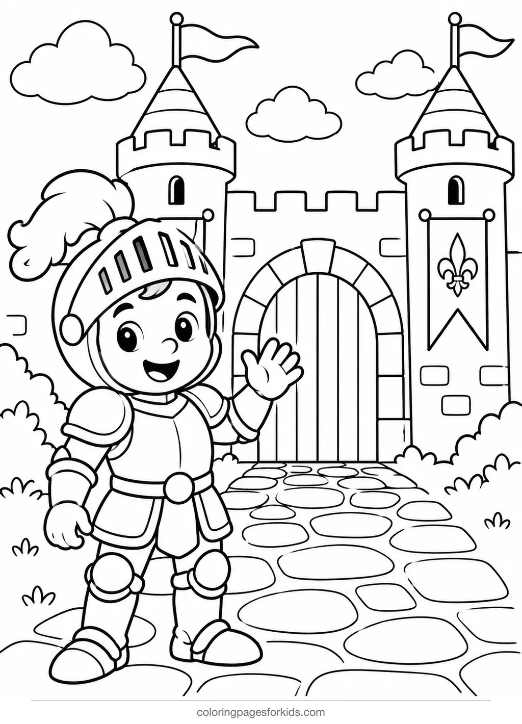 Castle coloring page of a friendly knight at a gate, medium black-and-white printable for ages 5-7