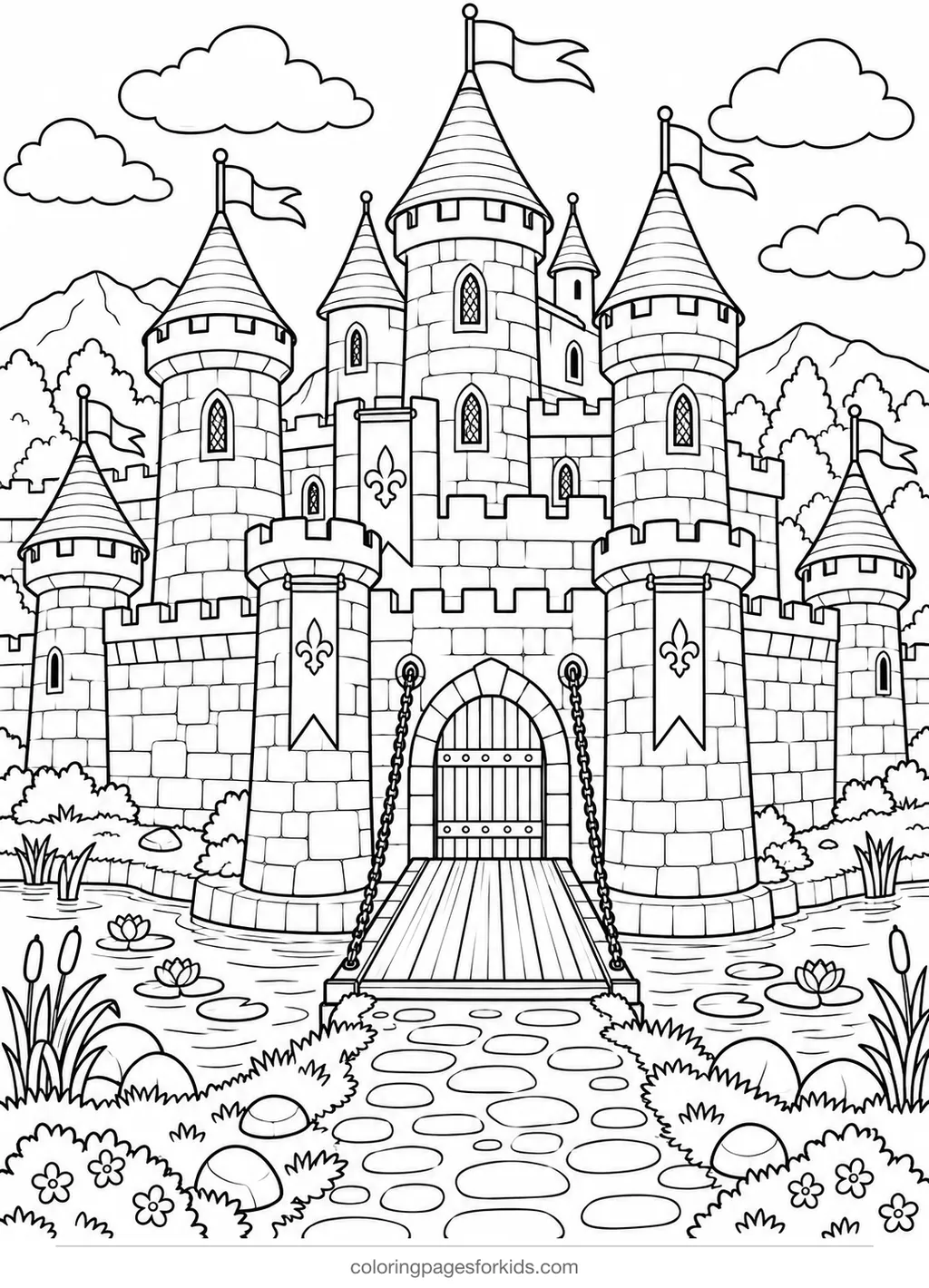 Castle coloring page of a medieval castle with moat, detailed printable for ages 7-10