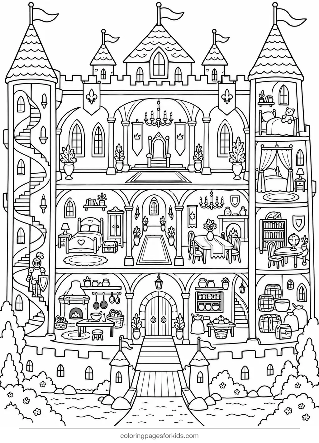 Castle coloring page of rooms inside a castle, detailed black-and-white printable for ages 7-10