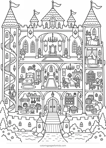 Castle coloring page of rooms inside a castle, detailed black-and-white printable for ages 7-10