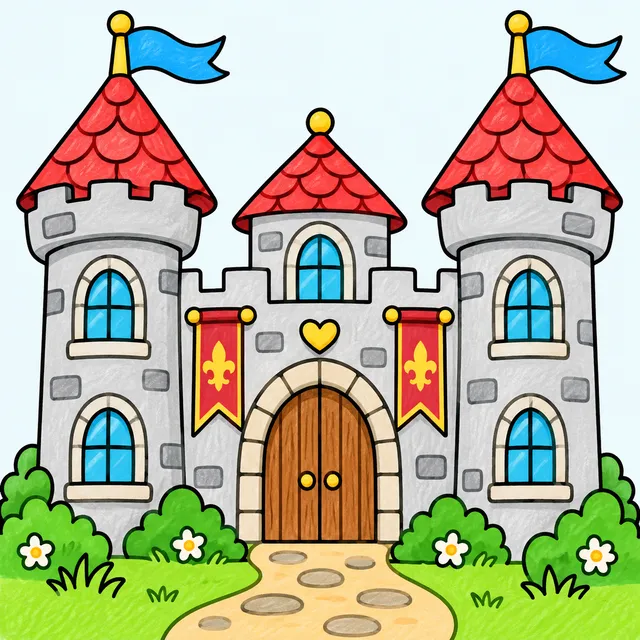 Colored example of a simple castle with flags for kids