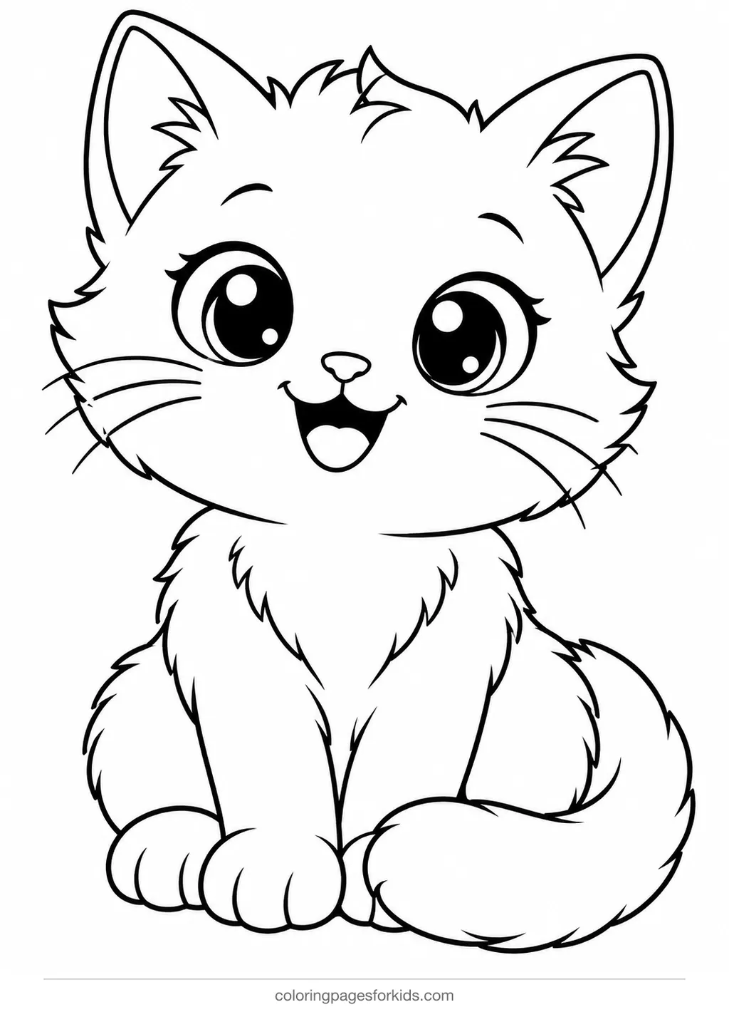 Cat coloring page of a cute kitten sitting with a curled tail, easy black-and-white printable for ages 3-5