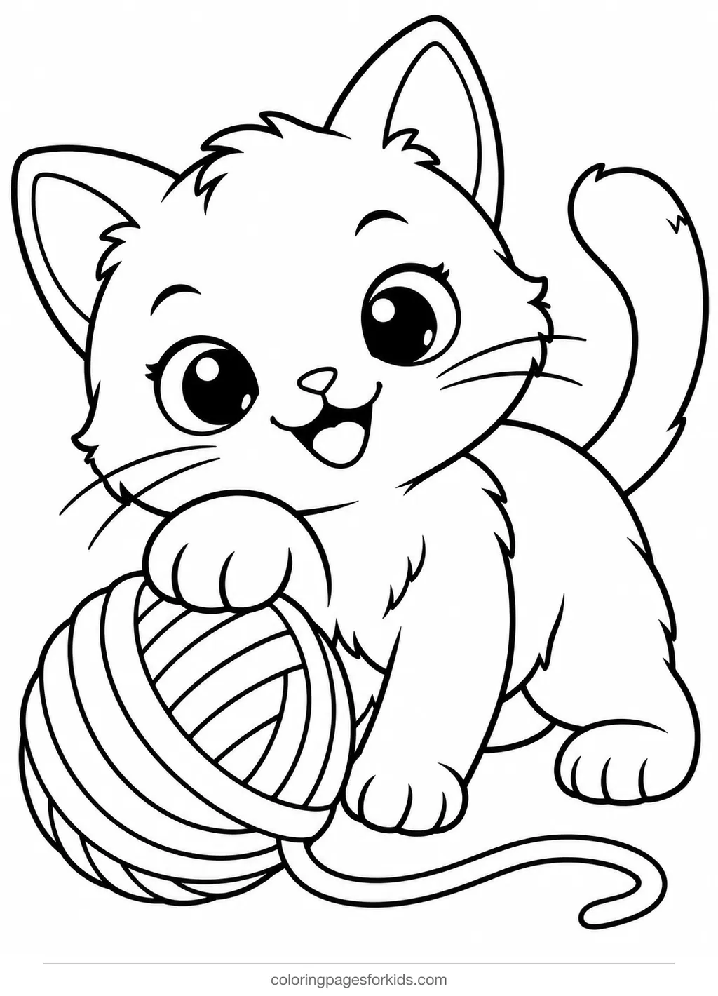 Cat coloring page of a kitten playing with a ball of yarn, easy black-and-white printable for ages 3-5