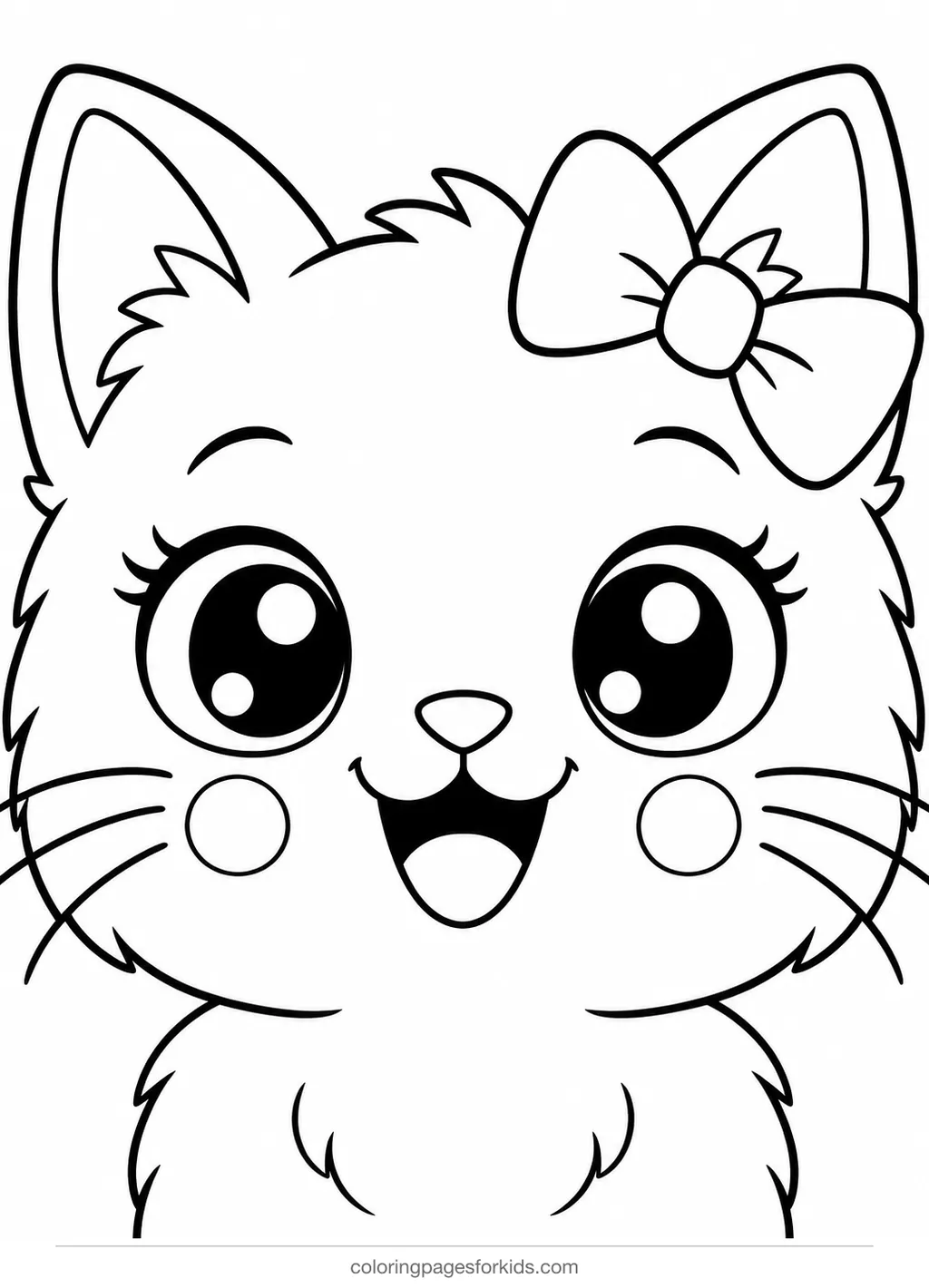 Cat coloring page of a kawaii cat face with bow and whiskers, easy black-and-white printable for ages 3-5