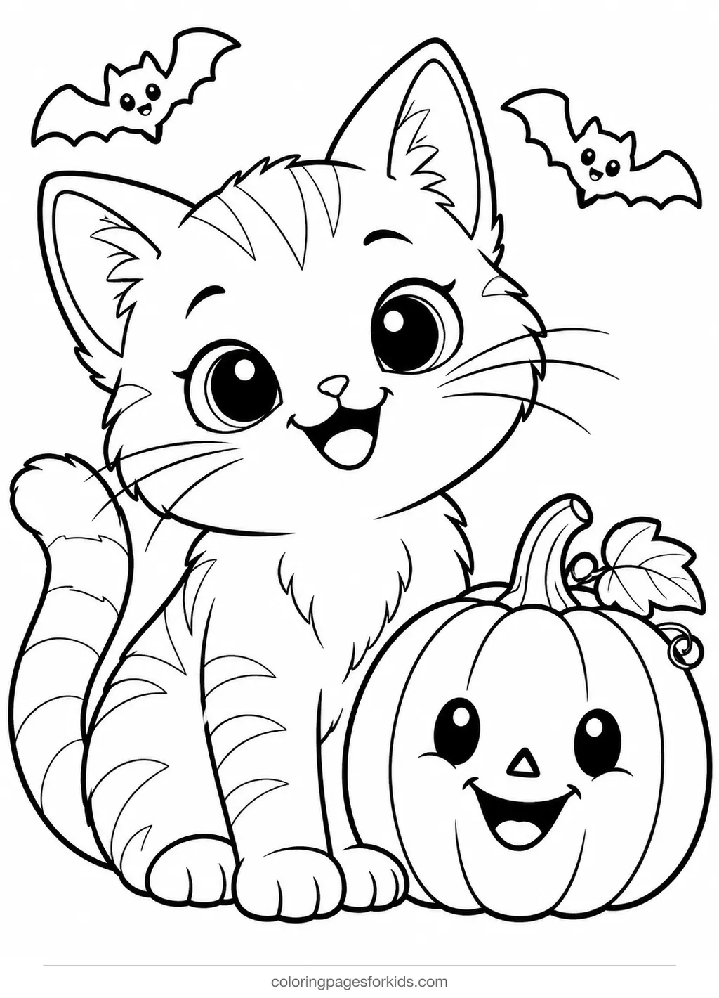 Cat coloring page of a friendly black cat with a smiling pumpkin, easy black-and-white printable for ages 3-5