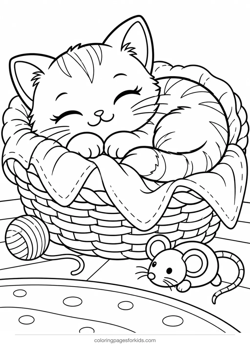 Cat coloring page of a cat napping in a basket with a mouse toy, medium black-and-white printable for ages 5-7