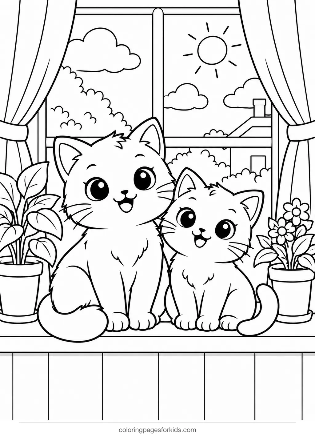 Cat coloring page of two cats on a windowsill with plants, medium black-and-white printable for ages 5-7