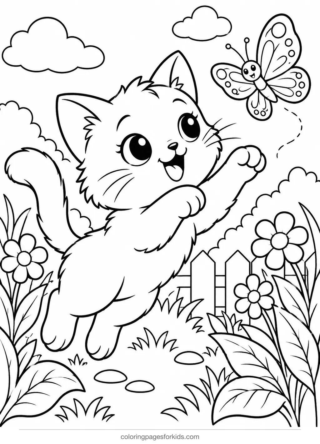 Cat coloring page of a kitten jumping near a butterfly in a garden, medium black-and-white printable for ages 5-7