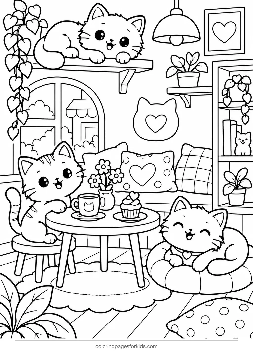 Cat coloring page of cats lounging in a cozy cafe, medium black-and-white printable for ages 5-7