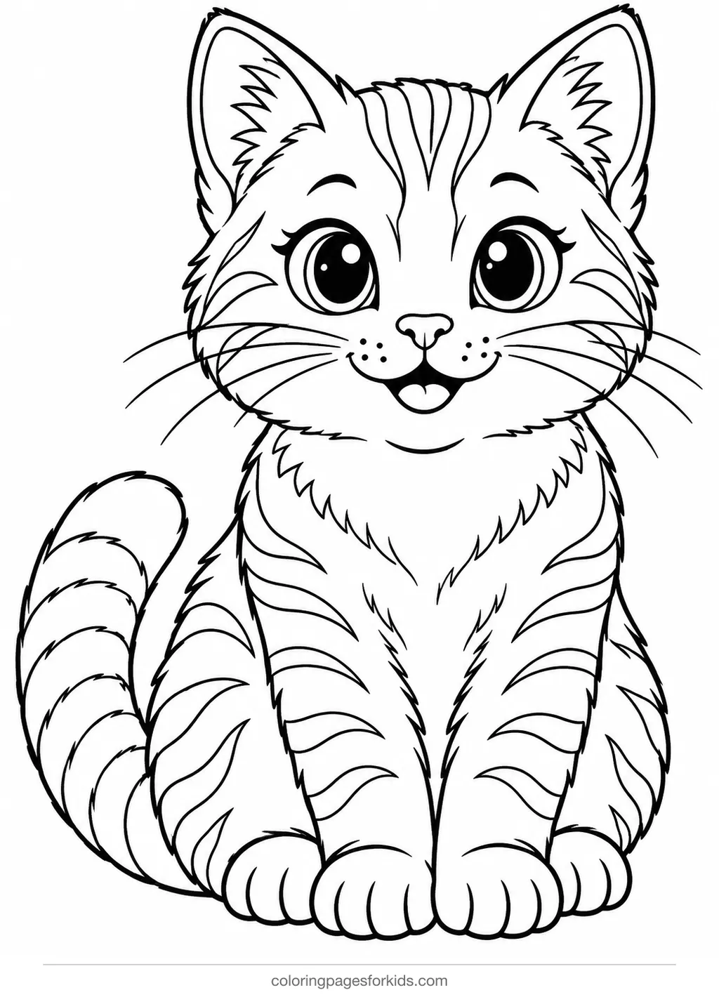 Cat coloring page of a tabby cat portrait with many stripe shapes, detailed black-and-white printable for ages 7-10
