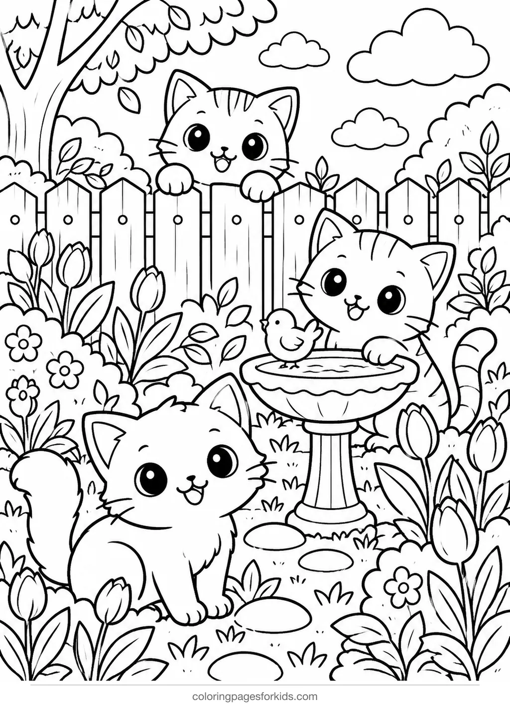Cat coloring page of three cats in a garden with flowers and a birdbath, detailed printable for ages 7-10