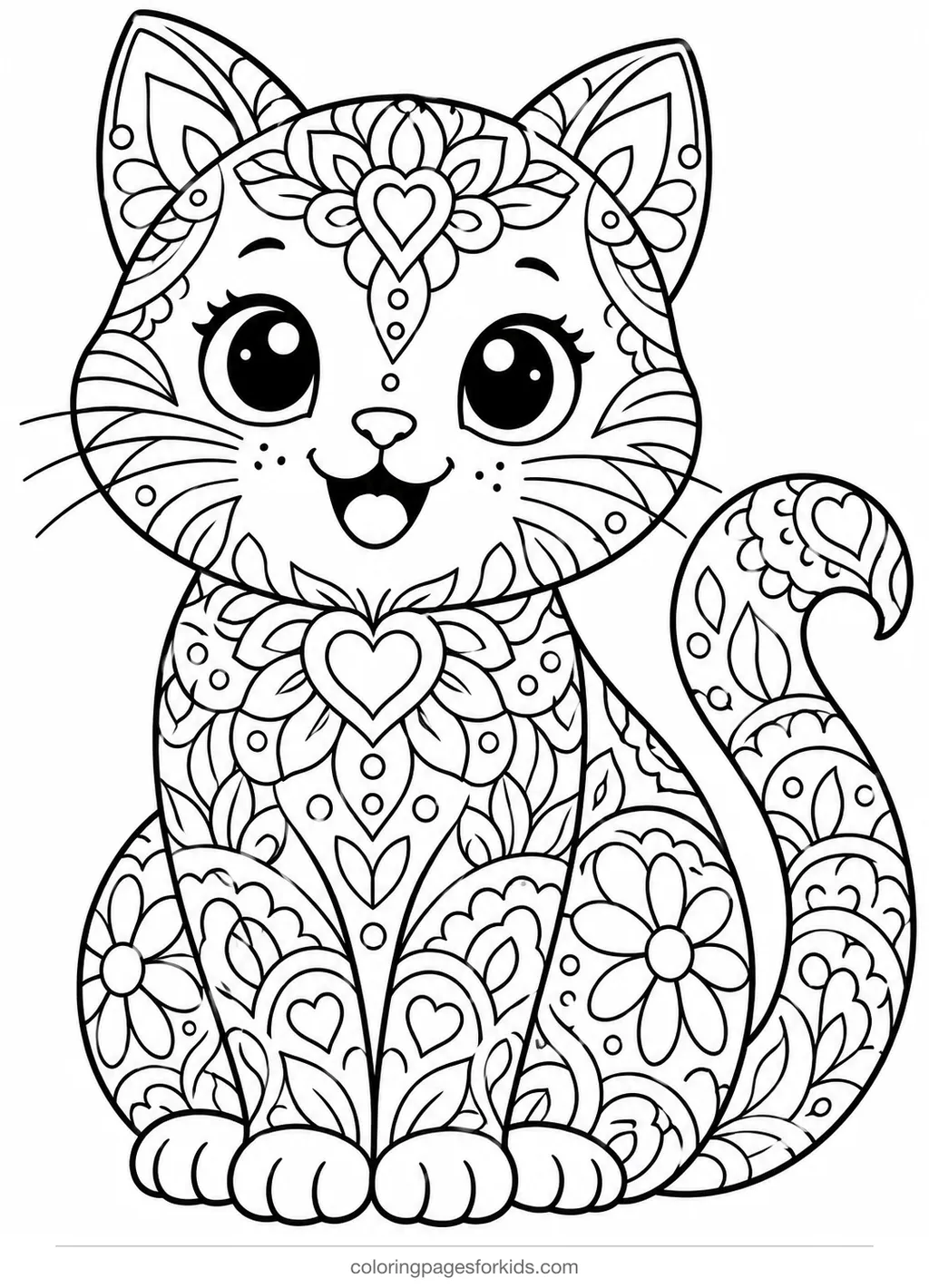 Cat coloring page of a cat shape filled with mandala patterns, detailed black-and-white printable for ages 7-10