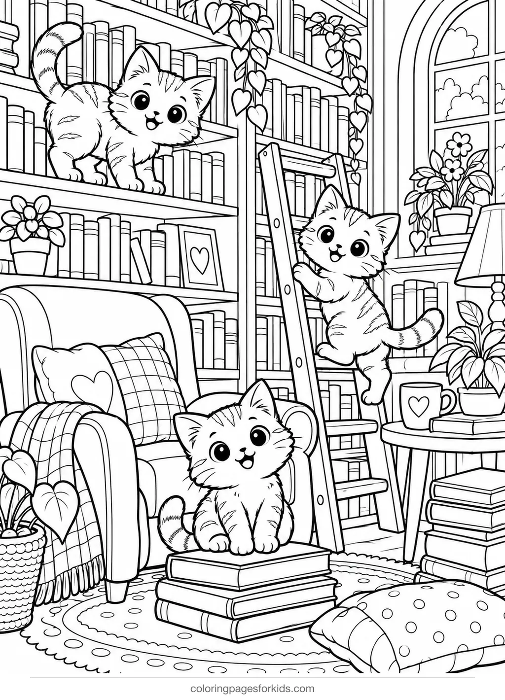 Cat coloring page of kittens exploring book shelves and a reading chair, detailed printable for ages 7-10