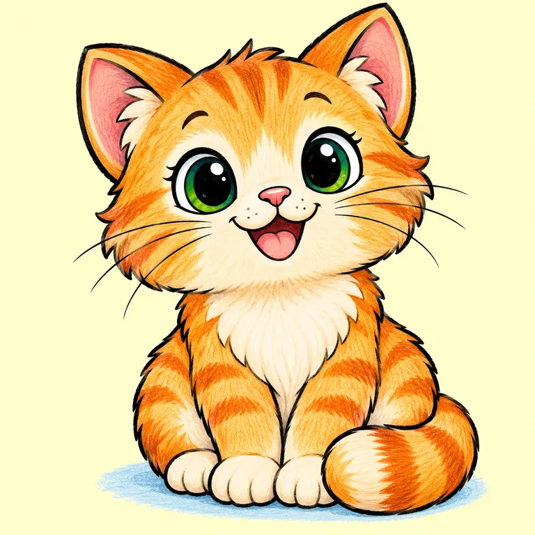 Colored example of a cute sitting kitten with big eyes and a curled tail