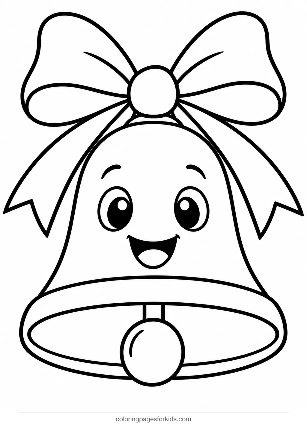 Christmas bell coloring page of one large bell with bow, easy black-and-white printable for ages 3-5