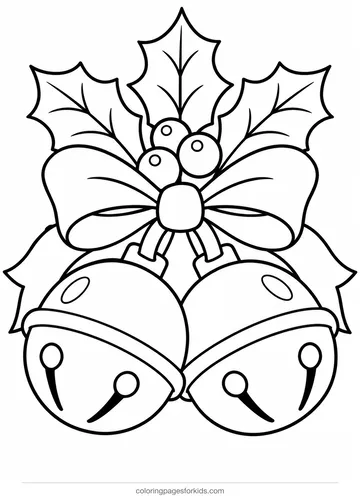 Christmas bell coloring page of two jingle bells with holly, easy printable for ages 3-5