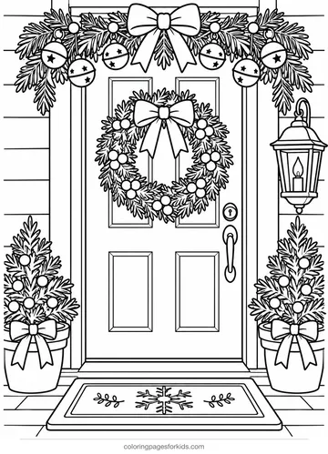 Christmas bell coloring page of bells on a front door, medium printable for ages 5-7