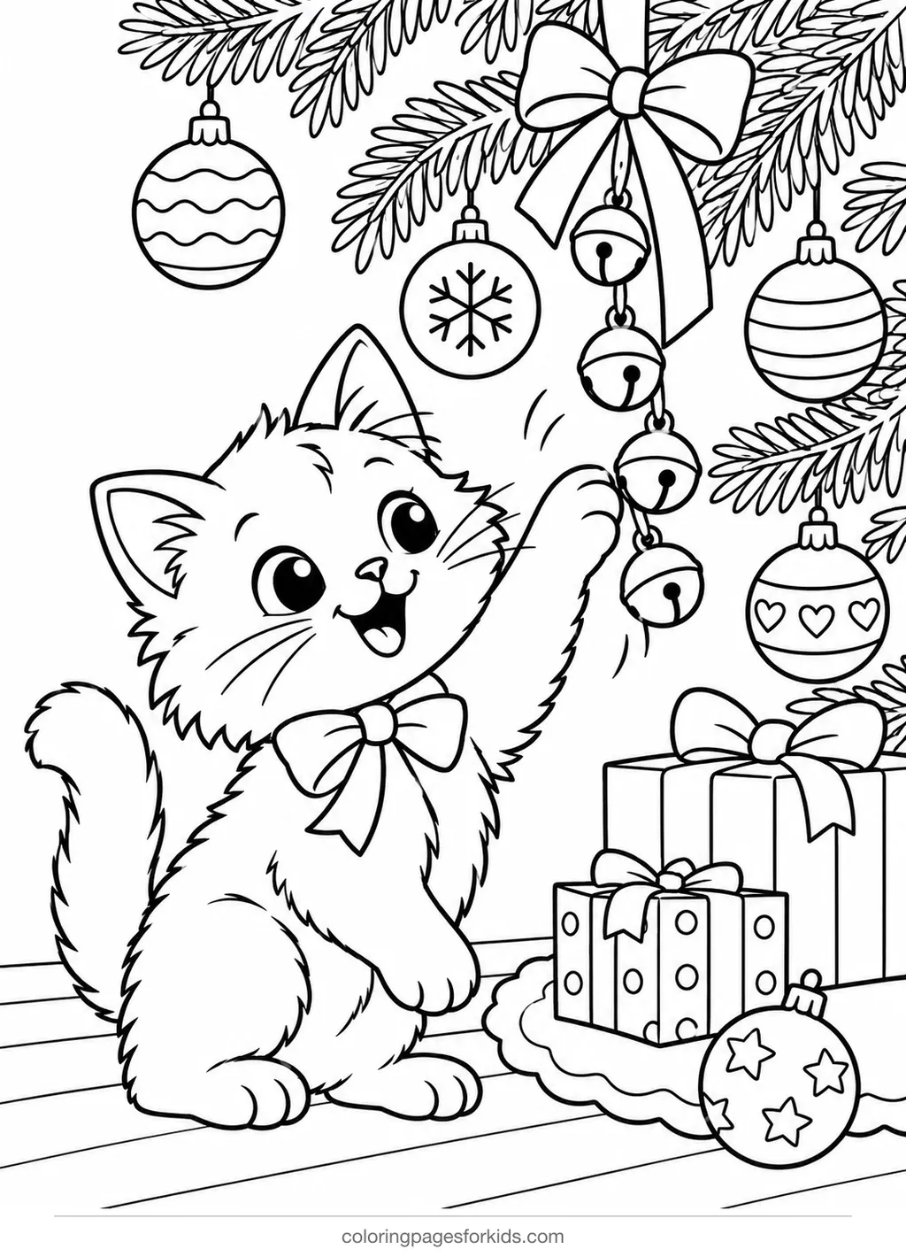 Christmas bell coloring page of a kitten playing with jingle bells, medium printable for ages 5-7