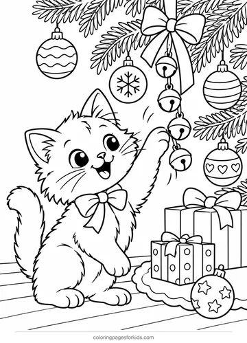 Christmas bell coloring page of a kitten playing with jingle bells, medium printable for ages 5-7
