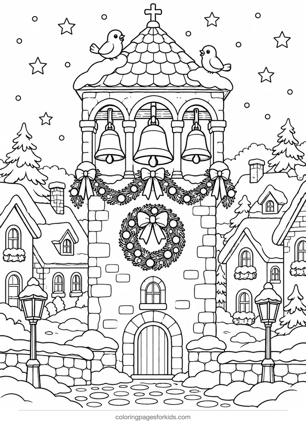 Christmas bell coloring page of a village bell tower, detailed printable for ages 7-10