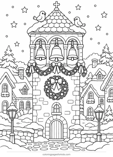 Christmas bell coloring page of a village bell tower, detailed printable for ages 7-10