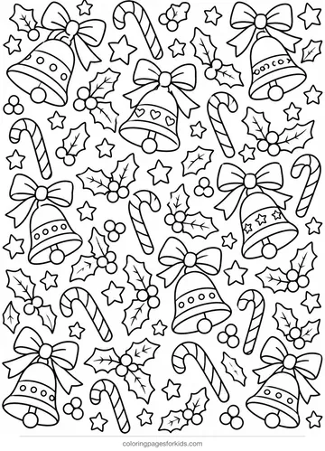 Christmas bell coloring page of bells bows holly and stars, detailed printable for ages 7-10