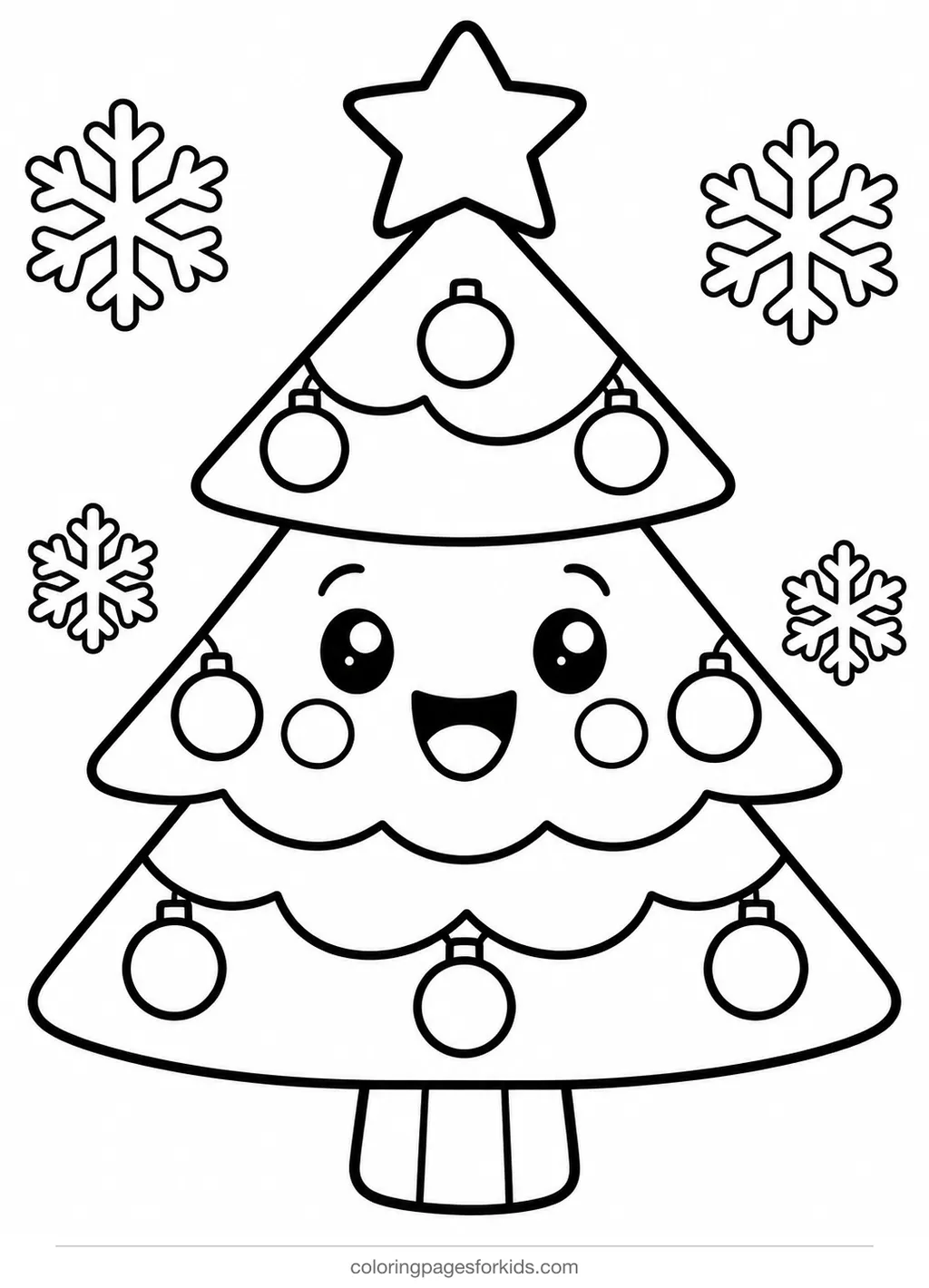 Christmas coloring page of a simple tree with star and ornaments, easy printable for preschoolers