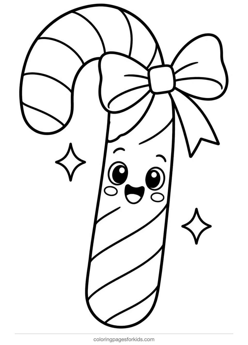 Christmas coloring page of a smiling candy cane with a bow, easy printable for ages 3-5