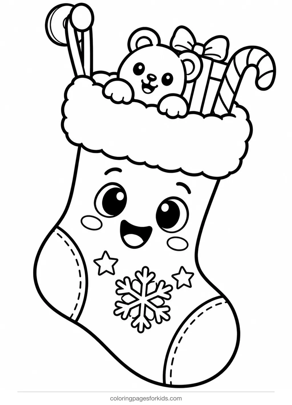 Christmas coloring page of a stocking with a toy peeking out, easy printable for preschoolers