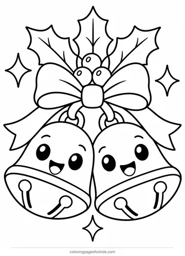 Christmas coloring page of two smiling jingle bells with holly, easy printable for ages 3-5