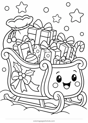Christmas coloring page of Santa's sleigh full of presents, medium printable for ages 5-7