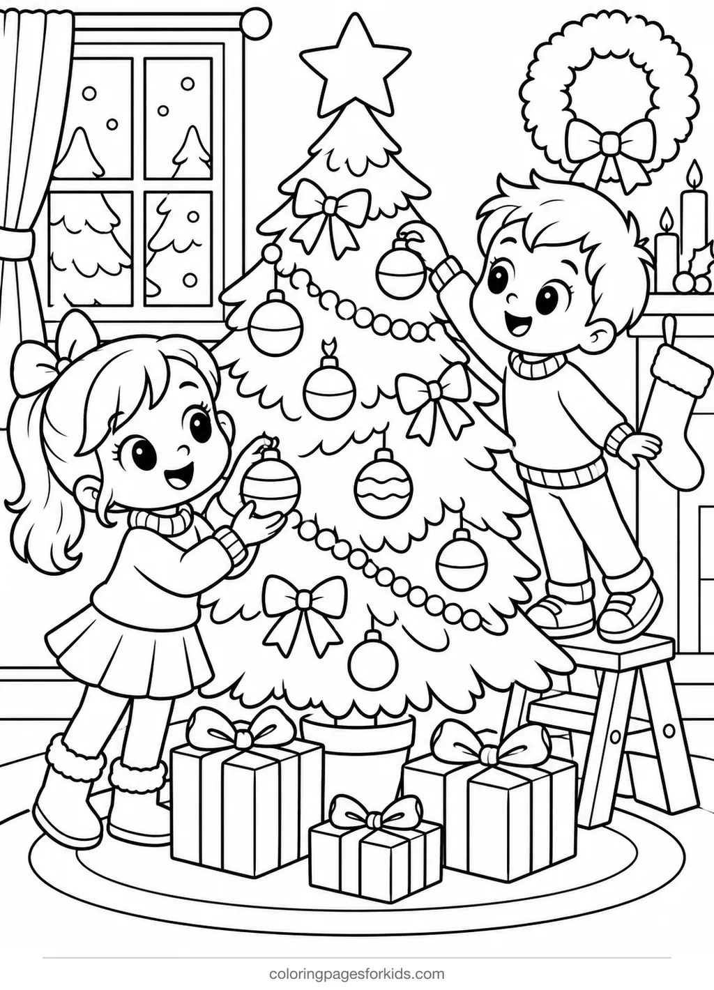 Christmas coloring page of cartoon kids decorating a tree, medium printable for ages 5-7