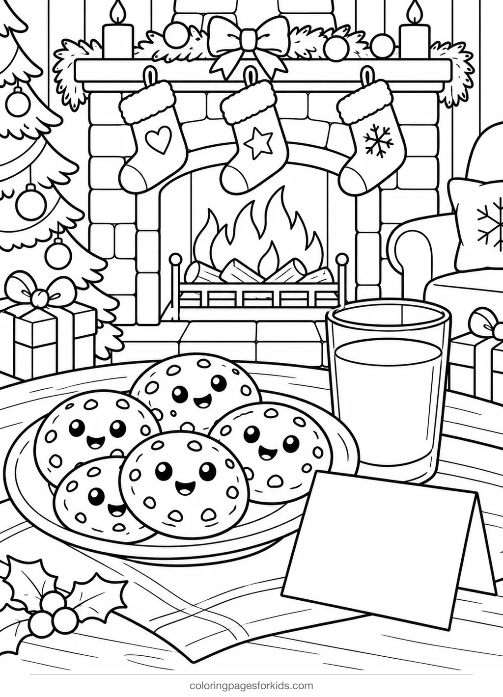 Christmas coloring page of cookies and milk by a fireplace, medium printable for ages 5-7