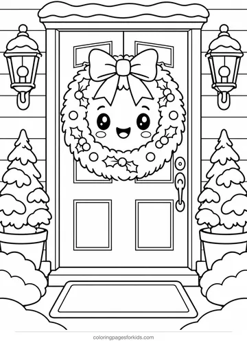 Christmas coloring page of a door with wreath and lanterns, medium printable for ages 5-7